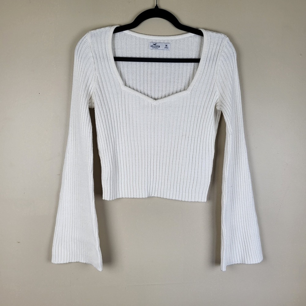 Hollister Y2K Ribbed Cropped Sweater Women's Medium Off White Flared Sleeves